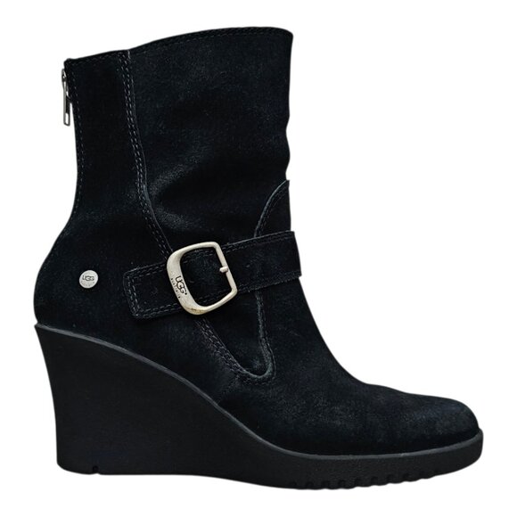 UGG Gissella Womens Suede Sheepskin Shearling Wedge Zip Black Ankle Boots 5593 - Picture 13 of 14